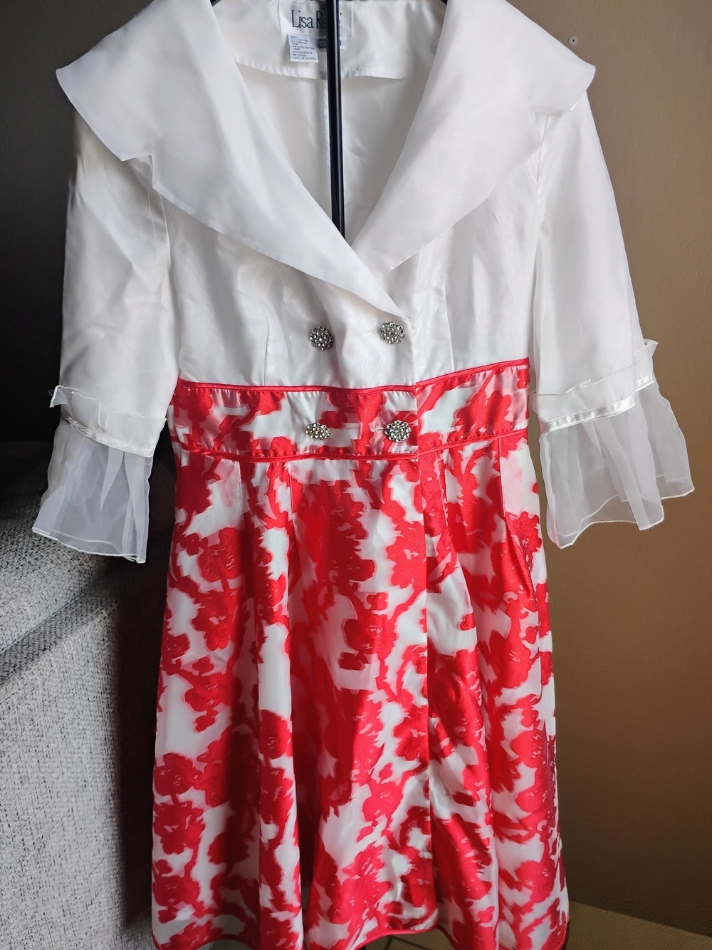 Lisa Rene Size 10 White and Red Floral Midi Dress with Sheer Sleeves